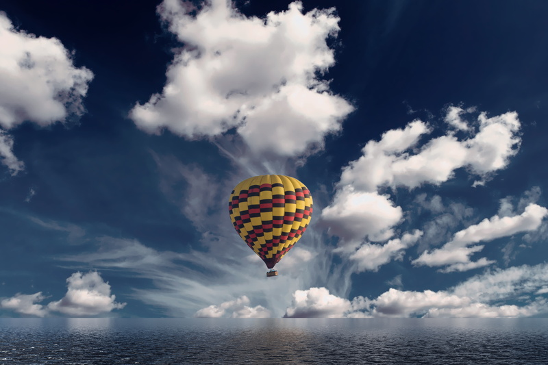 aerostat, horizon, clouds, sea, 5K, air balloon