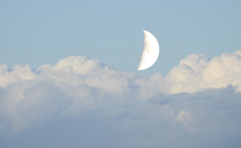 blue, crescent, landscape, low angle view, space, nature, outdoors, tranquility, space and astronomy, sky, planetary moon, half moon, cloud, beauty in nature