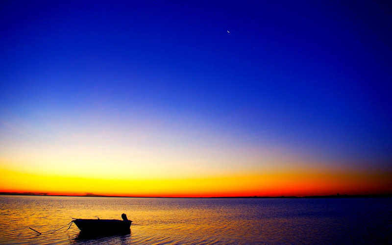 silhouette, fishing, sunset, crescent, moon, 1080P, golden, boat, 3d and abstract, lonely