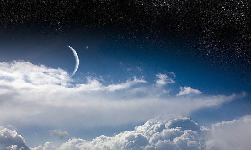 crescent, night, astronomy, no people, planetary moon, tranquil scene, cloudscape, digital art, copy space, tranquility, flying, outdoors, cloud - sky