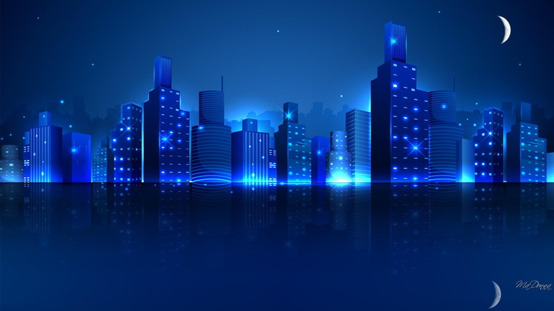 1080P, bright, evening, blues, stars, reflection, water, blue, skyscrapers, crescent-moon, lights, night, city