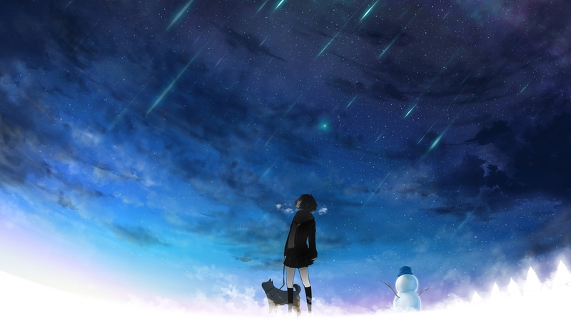 snow, 4K, clear sky, blue, anime girls, Meteor (arknights), starry night