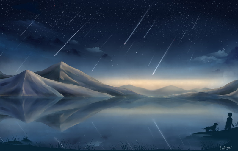 idyllic, astronomy, long exposure, meteors, artwork, dog, tranquility, concept art, snowcapped mountain, sky, no people, galaxy, night, mountain peak, nature