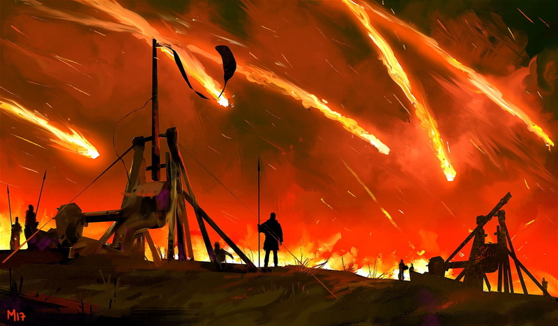 Meteor in the sky, catapult, fire, 1080P, throwing, warriors