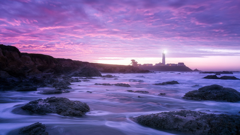 motion, guidance, architecture, building exterior, sunset, purple, scenics - nature, rocks, 1080P, clouds, sky, Pescadero, no people, tower, pink, lighthouse