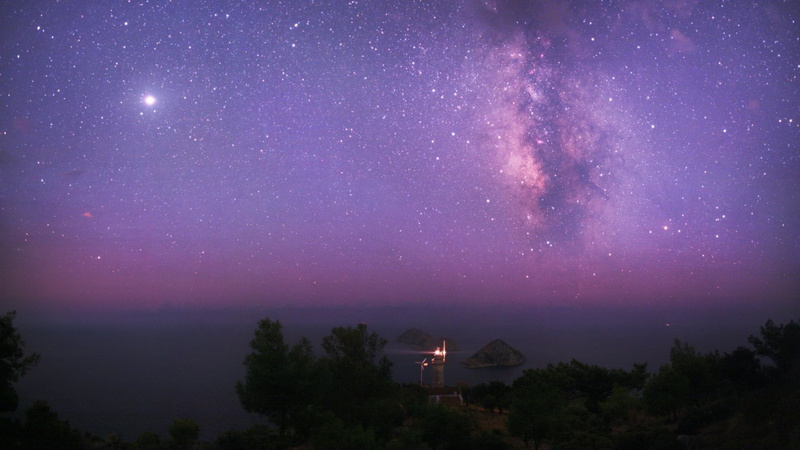 tree, building exterior, plant, nature, Milky Way, purple, 1080P, galaxy, built structure, beauty in nature, astronomy, tranquility, cloud - sky, sky