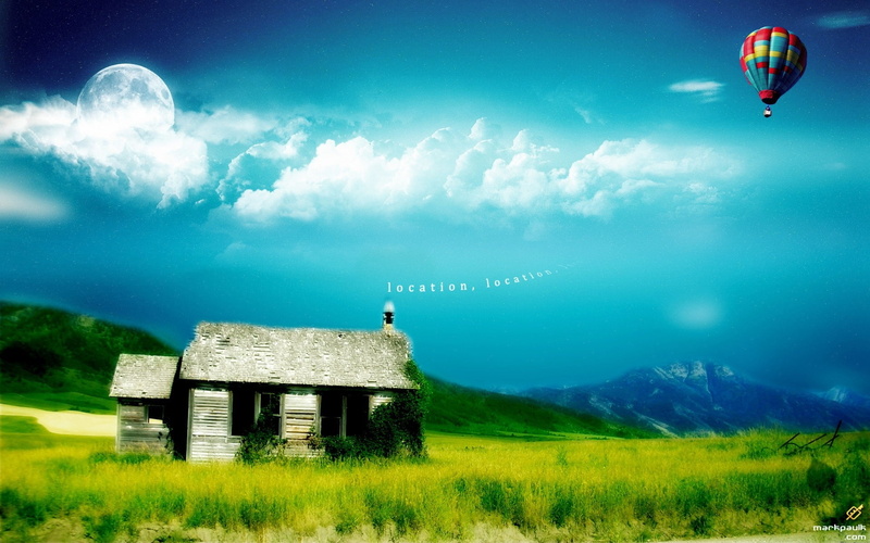 balloon, Dream, house, green, air, hot, Home, 1080P, painting, fields
