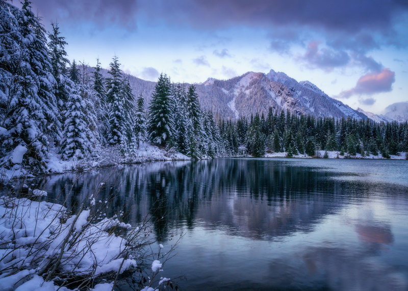 Washington State, ate, mountains, pond, Snoqualmie Pass, Cascade Range, forest, The cascade mountains, Pond Gold Creek, winter, 5K, lake, Gold Creek Pond