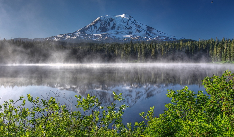 the volcano, forest, 1080P, Mount Adams, mountain, Takhlakh Lake, Washington, Cascade Range, reflection, lake, The cascade mountains, the bushes, morning