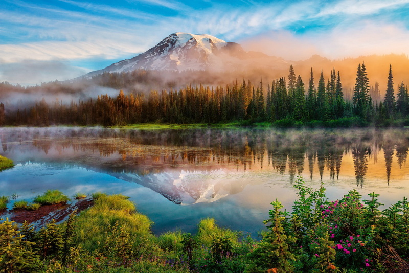 1080P, USA, lake, nature, plants, trees, forest, Washington state, clouds, reflection, mist, mountains, snow, landscape