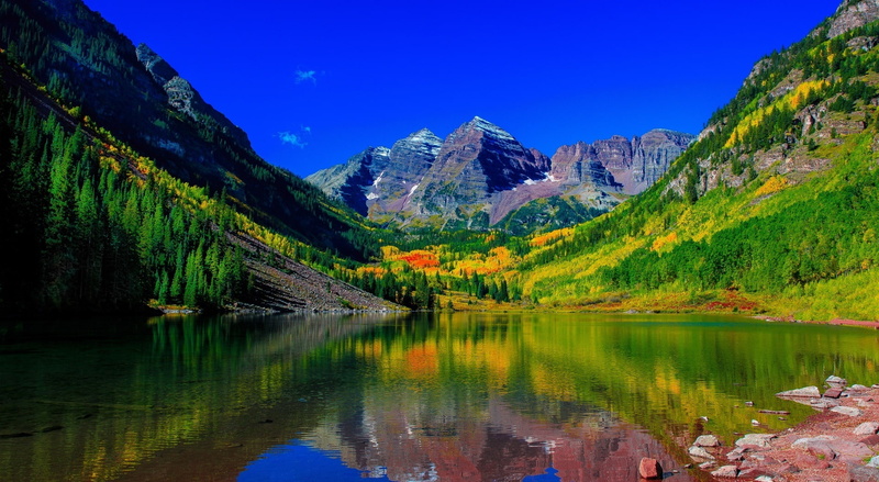 mountain range, 1080P, colors, bells, maroon, reflection, coniferous tree, fall, scenics - nature, land, travel destinations, colorado, pine woodland