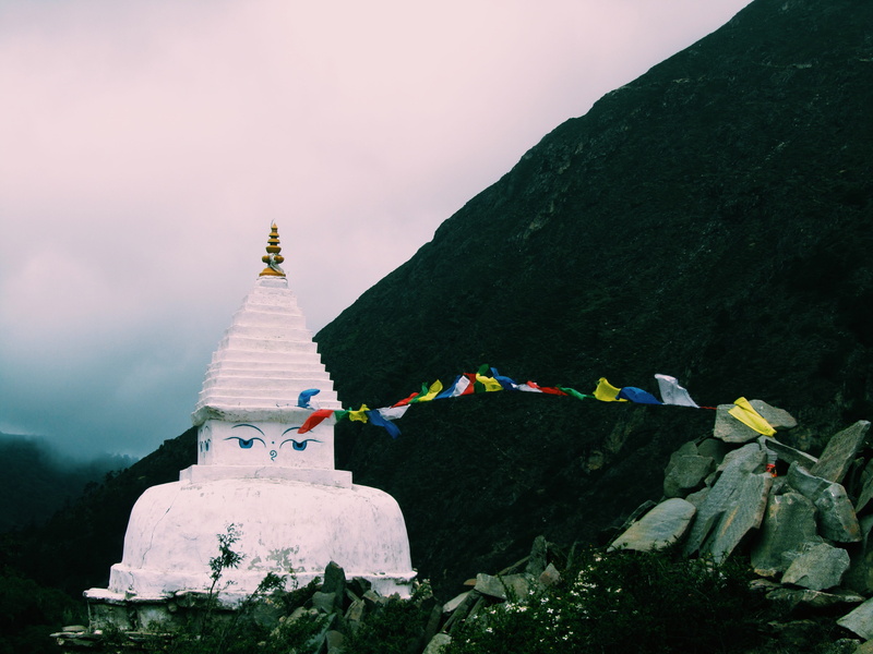 statue, place of worship, summit, beauty in nature, no people, architecture, near, fog, plant, religion, mountain, nepal, belief, building, camping, hillcliff