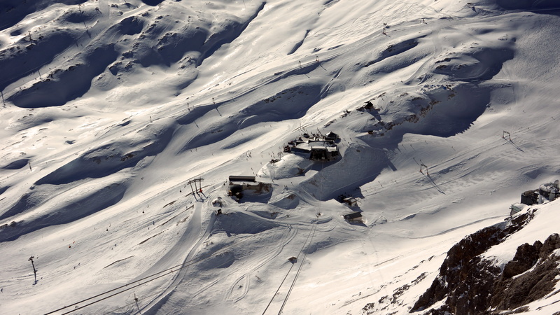 ski, beauty in nature, high angle view, ice, glacier, scenics - nature, wintersport, winter sport, resort, mountain, leisure activity, sport, cold, day