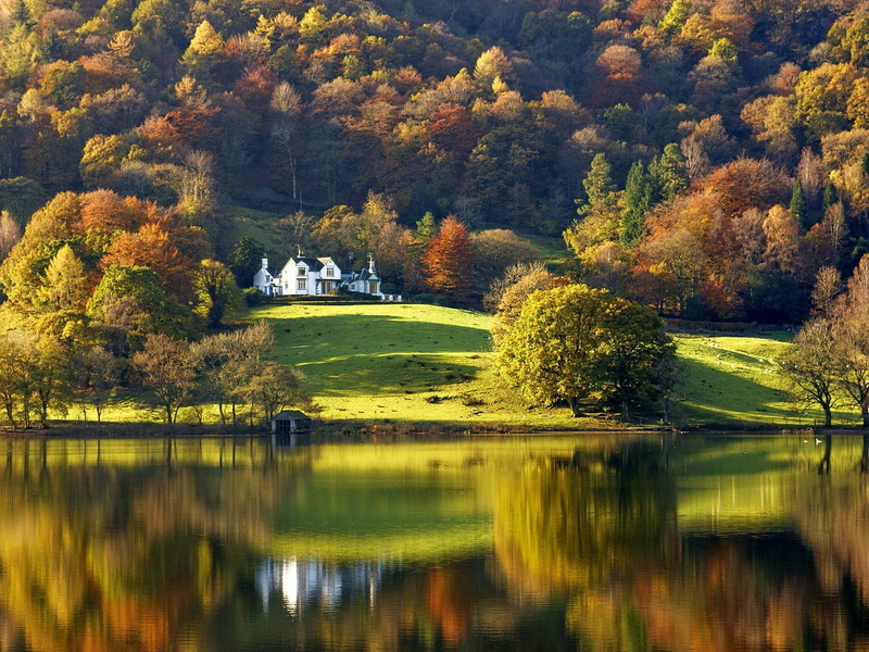 hillside, buildings, x, art, nature, 720P, hd, lakes, Trees