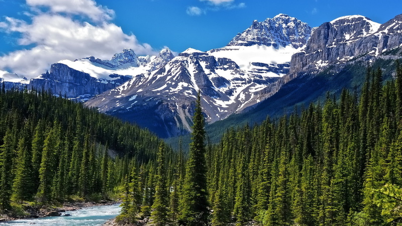 canadian, alberta, forests, mountains, park, nature, water, national, trees, canada, 1080P, white, snow, blue, green, rockies, clouds, rivers, landscapes