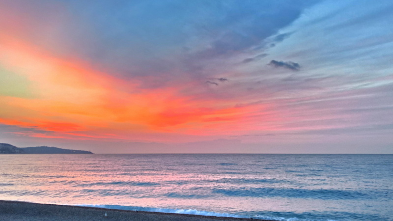tranquility, urban skyline, outdoors, sky, tranquil scene, beach, seascape, 4K, dramatic sky, sunset, cloud - sky, land, idyllic, no people, horizon over water