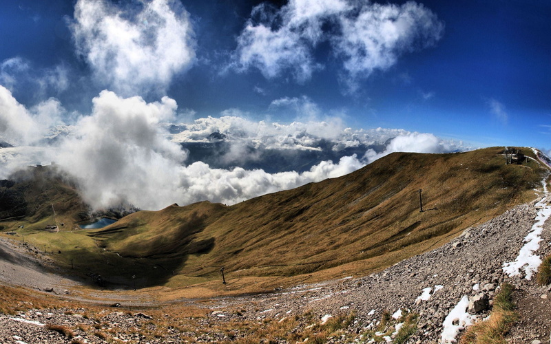 non-urban scene, fog, landmannalaugar, brown, scenics - nature, green Color, environment, sky, land, clouds, 2K, mountain Range, summer, cloudscape, landscape