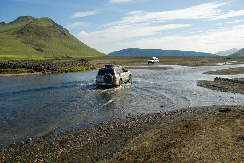 4x4, day, landmannalaugar, river, mountain, scenics - nature, water, landscape, tranquil scene, vehicle, gray, 4K, cloud - sky, sky, mountain range, land vehicle