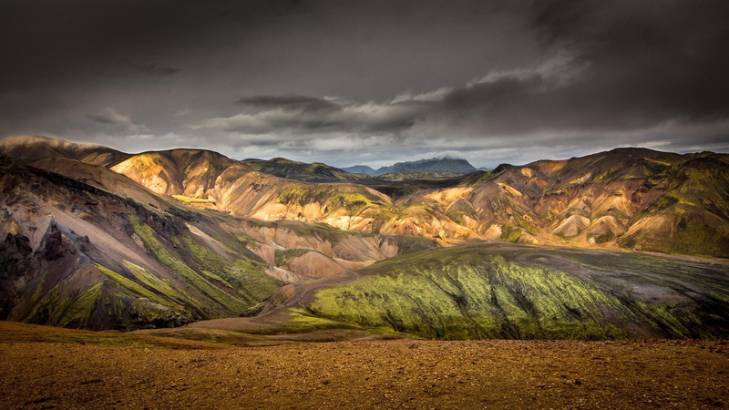 mountains, national park, land, environment, extreme terrain, landscape, sunset, landmannalaugar, non-urban scene, valley, tranquility, nature, sky, scenics - nature