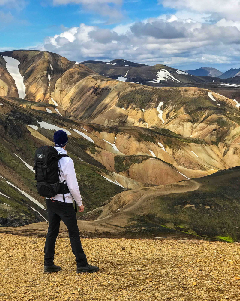 leisure activity, scenics - nature, landscape, nature, rear view, 2K, sky, non-urban scene, snow, lifestyles, day, view, landmannalaugar, cloud - sky