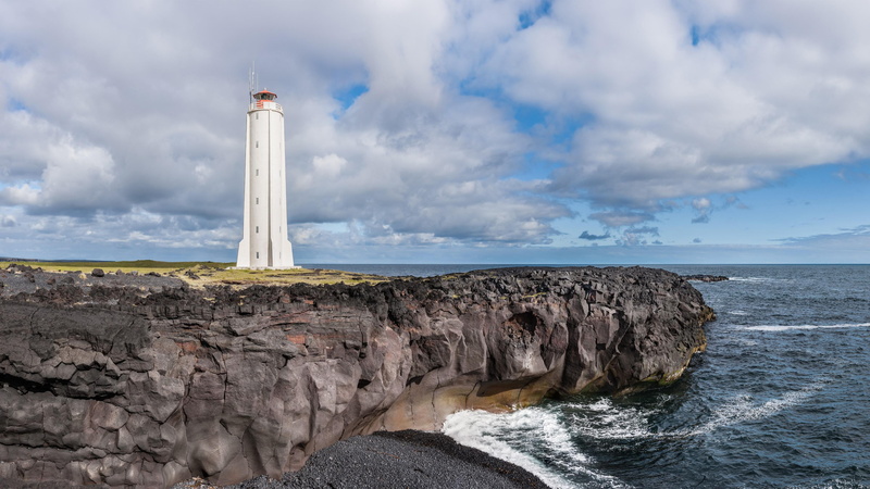 iceland, eroded, outdoors, snaefellsnes peninsula, horizon over water, promontory, solid, lighthouse, sky, nature, security, architecture, guidance, day