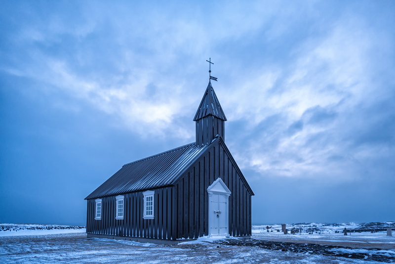 Snaefellsnes Peninsula, white, covered, chapel, Nineteenth century, snow, Blue hour, hotel Budir, 5K, blue, cloudy, winter, sky, christianity, architecture