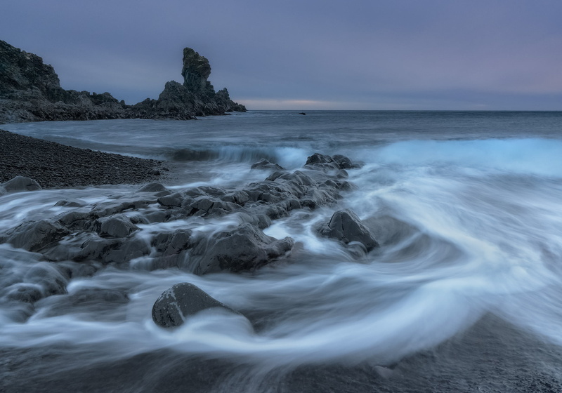 scenics, twilight, sea stack, near, Djúpalónssandur, rocks, blue hour, waves, water, long exposure, coastline, blue, landscape, 1080P, Djupalonssandur