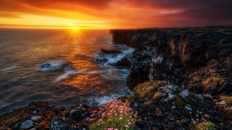 sun, coast, nature, cliff, sunset, 1080P, beauty in nature, outdoors, no people, sea, dawn, iceland, tranquility, ocean, water, rock, motion, shore, horizon over water