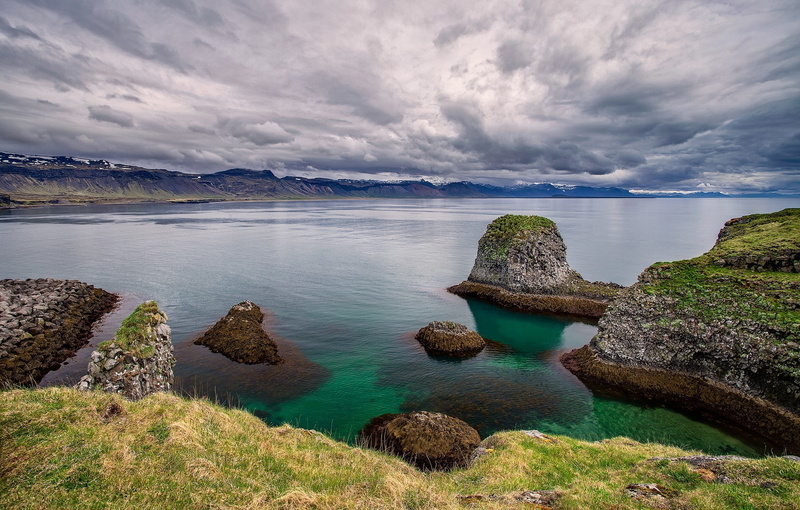 stones, grass, 1080P, snaefellsnes, lake, clouds, the sky, Iceland, nature
