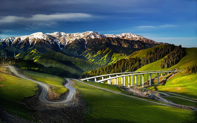 nature, 1080P, landscape, dirt road, China, highway, mountains, trees, snowy peak, valley