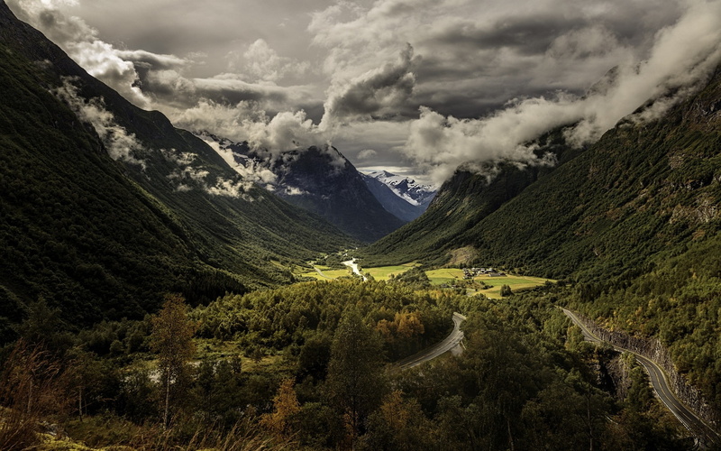 highway, 1080P, nature, trees, clouds, forest, mountains, valley, landscape