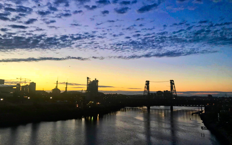 sky, sun rise, factory, building, building exterior, outdoors, downtown, cloud - sky, portland, waterfront, reflection, orange color, industrial district