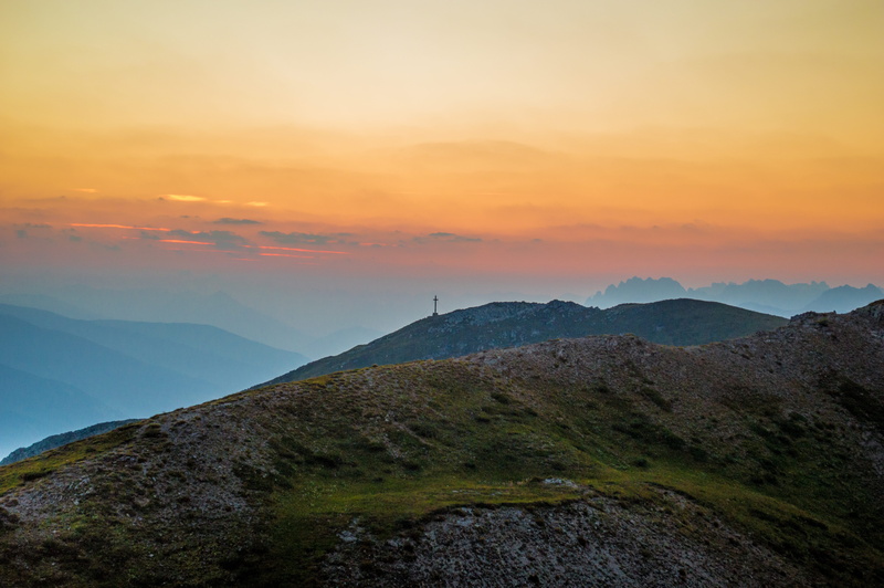 orange color, mountains, mountain peak, non-urban scene, rock, view, dusk, golden, cloud, hour, mountain, peace, tranquility, travel destinations, cross