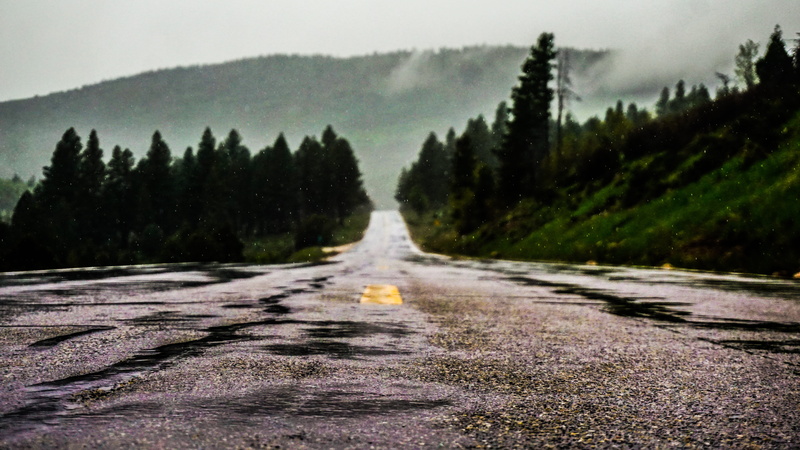 mountain, environment, plant, nature, surface level, tranquil scene, land, concrete, overcast, outdoors, water, coniferous tree, pine tree, wide, transportation