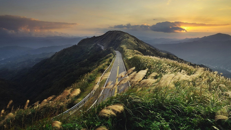 road, mountain range, tranquility, scenics - nature, landscape, non-urban scene, sunset, no people, plant, beauty in nature, way, outdoors, sky, idyllic