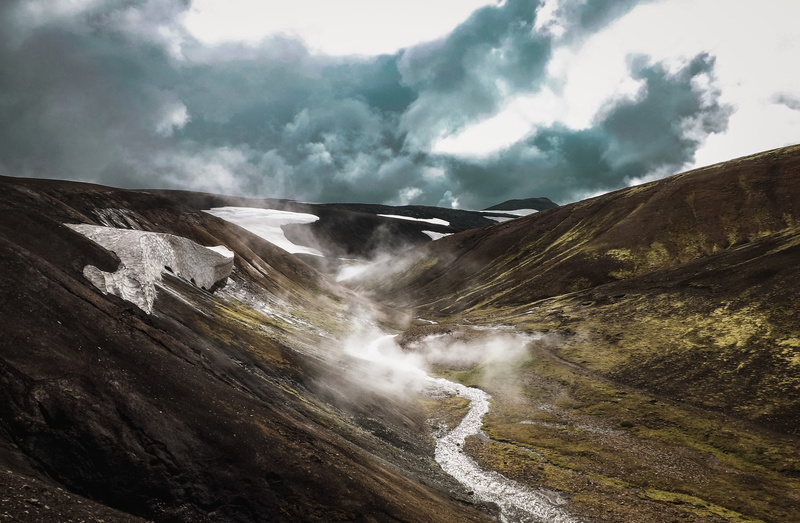 rock, valley, winter, environment, plateau, sky, power, mountain range, iceland, cloud - sky, hillside, river, road, day, non-urban scene, land, tranquil scene