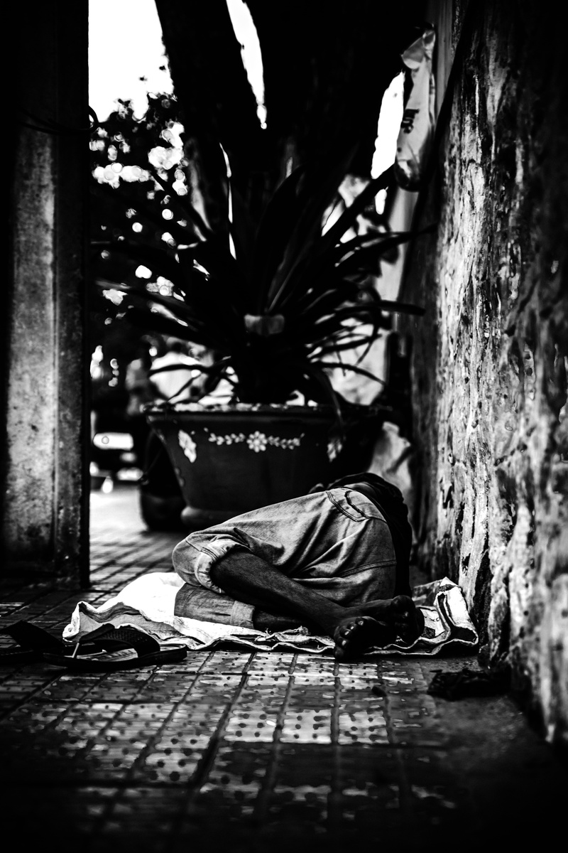 day, no people, lying, trunk, plant, abandoned, wall, beside, architecture, relaxation, tree, bag, sleeping, outdoors, person, paper, tree trunk, nature