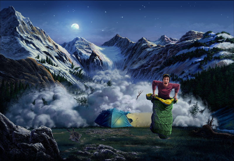 snowcapped mountain, nature, standing, guy, one person, hare, art, full length, sleeping bag, mountain range, winter, snow, tranquility, mountains, landscape