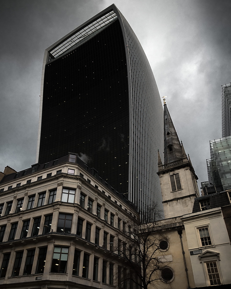 4K, office, built structure, skyscraper, building exterior, low angle view, moody, overcast, church, no people, city, window, sky, walkie talkie, nature