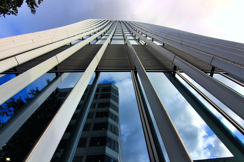 no people, cityscape, tower, city, england, financial district, london, low angle view, directly below, nature, reflection, office building exterior, modern
