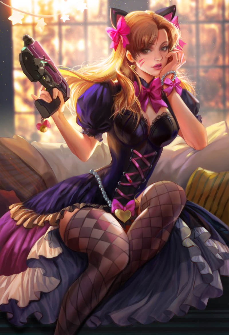hair accessories, 720P, face paint, drawing, gun, pink clothing, long hair, dress, blonde, black clothing, Jiuge, thigh-highs, pink, ribbon, weapon, looking