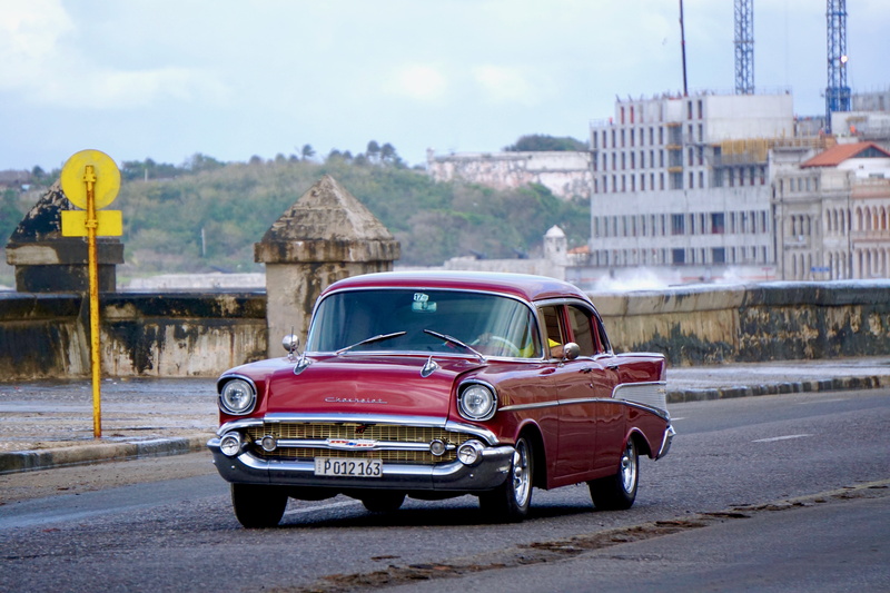 built structure, travel, car, road, street, cloud - sky, 5K, cheverolet, vintage, red, old car, retro styled, old cars, chevy, cuba, day, nature, havana cuba
