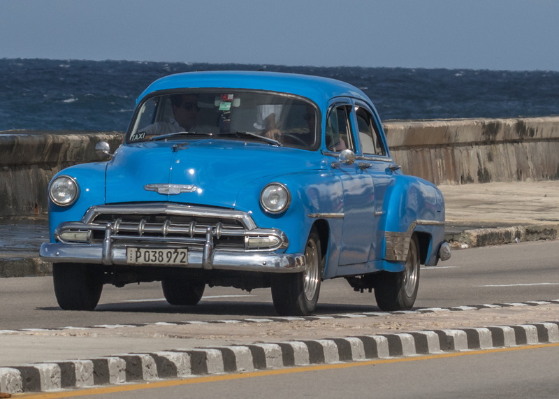 land vehicle, havana, blue, motor vehicle, transportation, classic, car, taxi, day, stationary, malecon, mode of transportation, sunlight, road, road trip