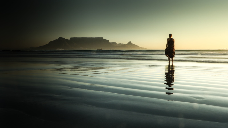 beauty in nature, tablemountain, solitude, landscape, full length, adult, holiday, 5K, rocks, reflection, sea, man, body, outdoor, tourism, weather, capetown