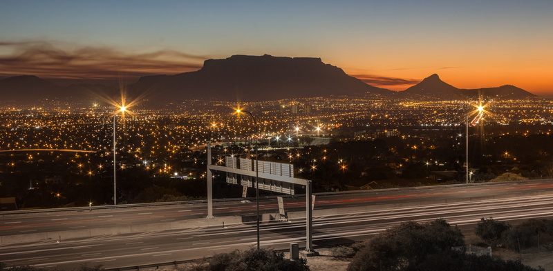 no people, africa, holiday, outdoor, illuminated, architecture, scenery, light trail, sky, landmark, built structure, capetown, nature, traffic, street light