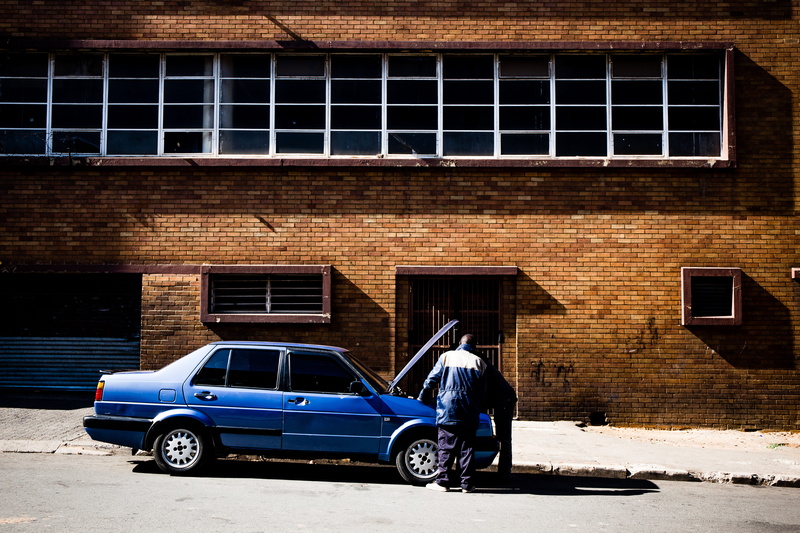 garage, sedan, architecture, stationary, built structure, day, blue, park, maboneng, fix, transportation, shadow, streetphotography, johannesburg, 5K