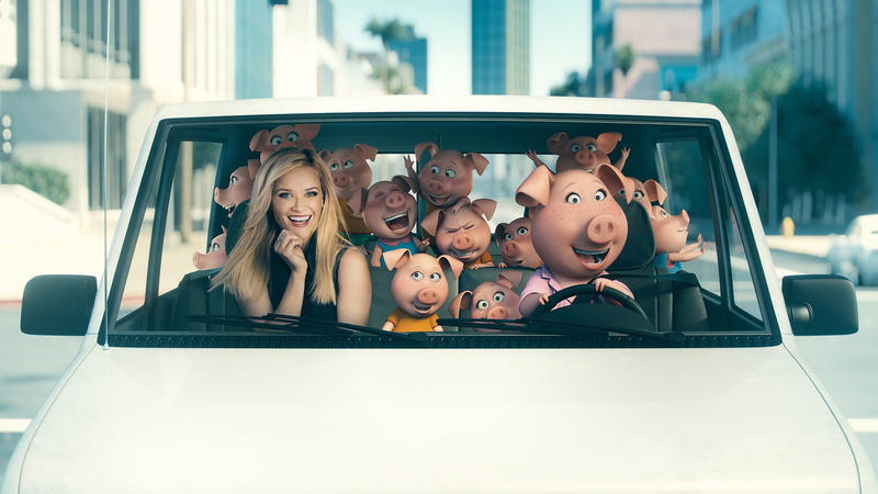 1080P, blonde, Reese Witherspoon, cinema, city, animayed film, movie, car, Sing, pig, film, Rosita