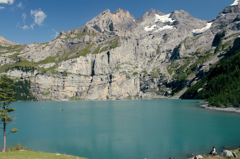 relax, switzerland, outdoors, travel, water, day, mountain, blue, lake oeschinen, scenics - nature, reflection, formation, hiking, sun, swimming pool, lake