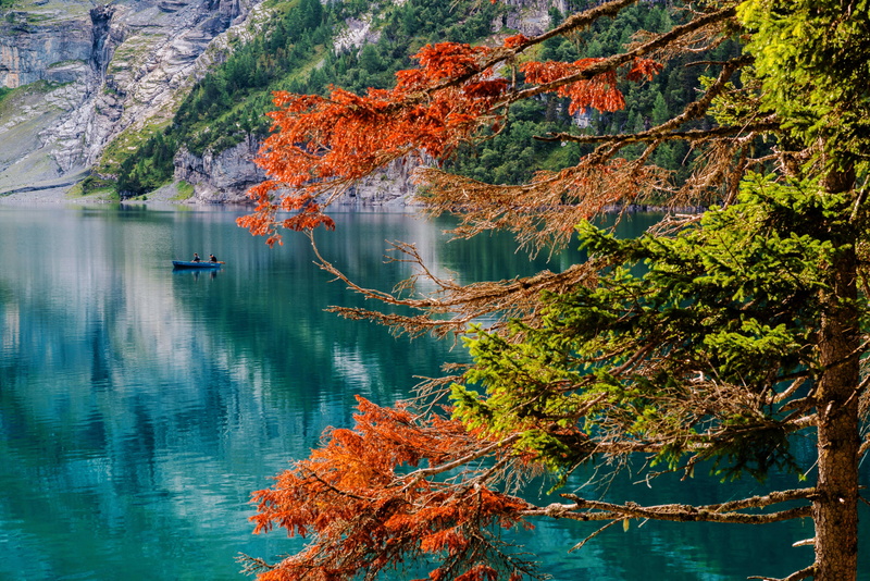Oeschinen Lake, fishermen, lake Asinense, landscape, scenics - nature, season, The Bernese Oberland, outdoors, 4K, red, travel, pond, water, no People
