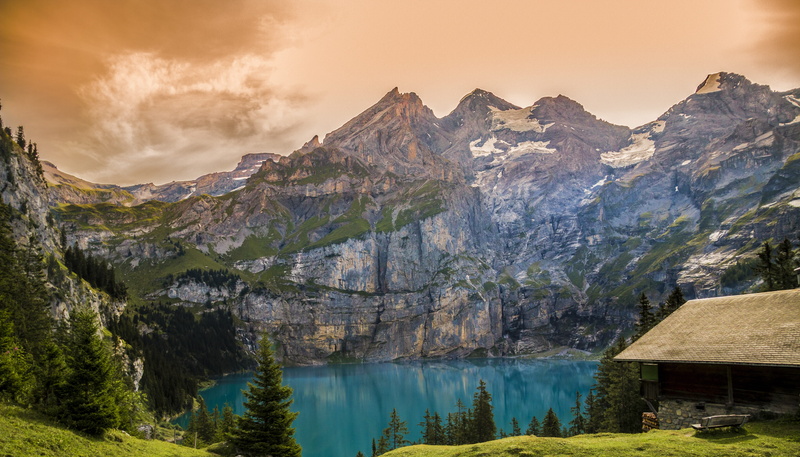 environment, blue lake, mountains, water, orange, scenics, land, trees, sky, photography, no people, tranquility, idyllic, scenics - nature, mountain peak